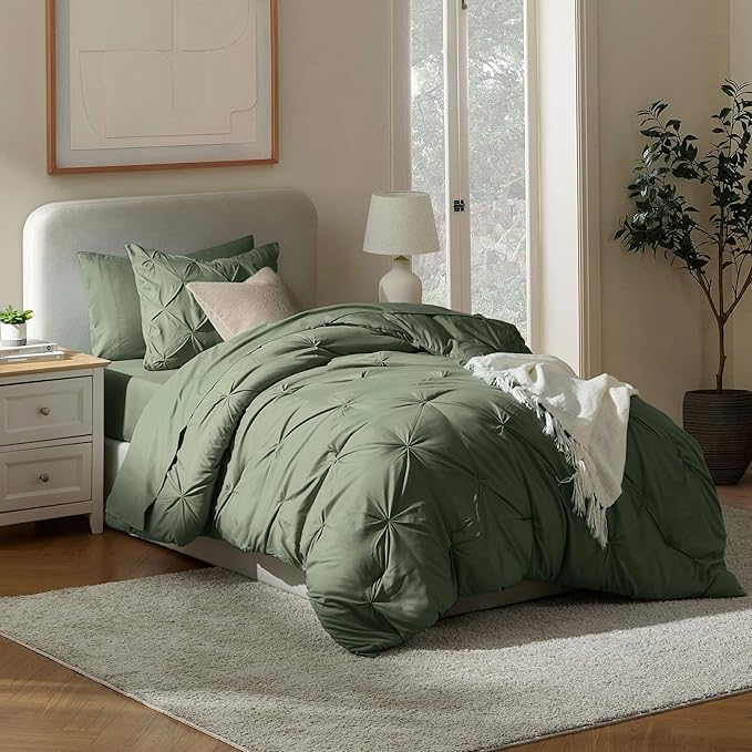 Nestl Twin XL Comforter Set 5 Piece - Pintuck Twin XL Bedding Set Olive Green, College Dorm Essentials Bed in a Bag, Twin XL Comforter Set for College Girls and Boys with Sheets, Pillowcase and Sham