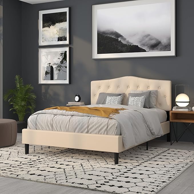 Flash Furniture Cambridge Tufted Upholstered Queen Size Headboard in Beige Fabric