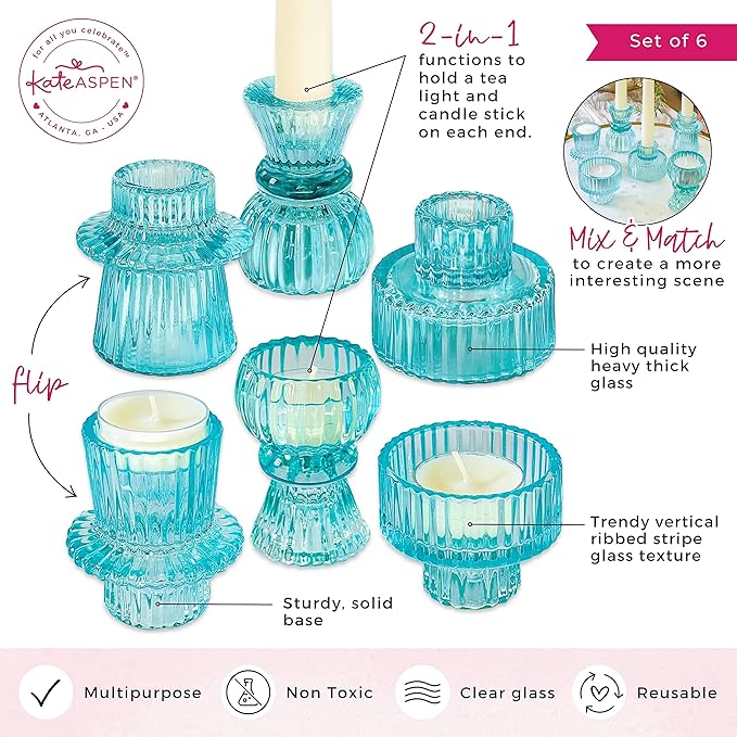 Kate Aspen Vintage Ribbed Glass Black Candlestick Holders, Pillar Candle, Tealight & Votive Candle Holders (Set of 6, 3 Assorted Sizes), Dining Table Decor, Shelf Decor, Centerpiece