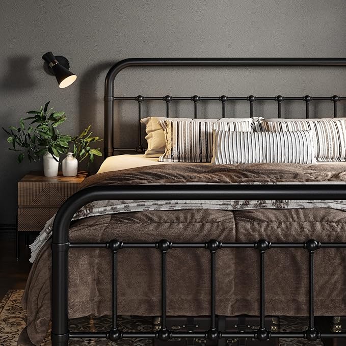 Allewie King Size Metal Platform Bed Frame with Victorian Style Wrought Iron-Art Headboard/Footboard, No Box Spring Required, Black
