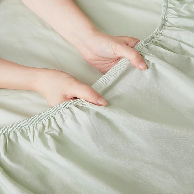 Linen Closet Organic 100% Cotton Queen Sheet 4 Pcs Set, 18” Deep Pocket, Light Green | Lightweight, Eco-Friendly Cotton, Percale Softness, Durable & Breathable, Naturally Cooling | All Season Comfort