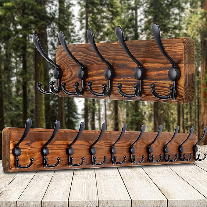 SKOLOO Rustic Wall Mounted Coat Rack: 16" Hole to Hole, Pine Real Wood Plank Wall Coat Rack with 5 Triple Hooks, Farmhouse Coat Hanger Wall Mount for Hanging Backpack Jacket Coat Hat