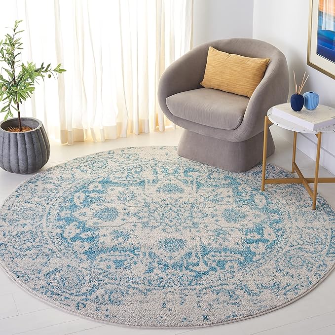 SAFAVIEH Madison Collection 6'7" Round Teal / Ivory MAD603J Oriental Snowflake Medallion Distressed Non-Shedding Dining Room Entryway Foyer Living Room Bedroom Area Rug