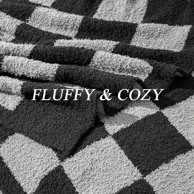 bearberry Fuzzy Checkerboard Grid Throw Blanket Soft Cozy Warm Microfiber All Season Blanket Decor for Couch Sofa Bed Travel Home (Black/Grey, 50''x60'')