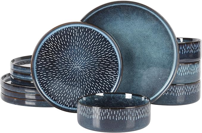 Gibson Elite 12 Piece Matisse Moderna Stoneware Reactive Glaze Plates and Bowls Dishes Dinnerware Set - Cobalt Blue