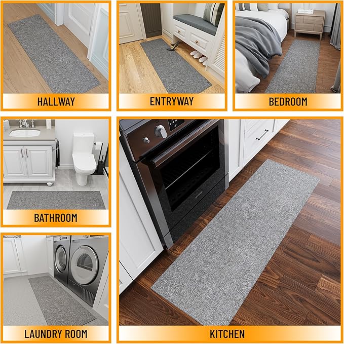Ottomanson 2'7" x 10' Ultra-Thin Hallway Runner Rug - Durable Non-Slip Carpet for High-Traffic Areas - Fits Under Doors for Seamless Entry - Ideal for Kitchen, Entryway, Bedroom & Living Room, Gray