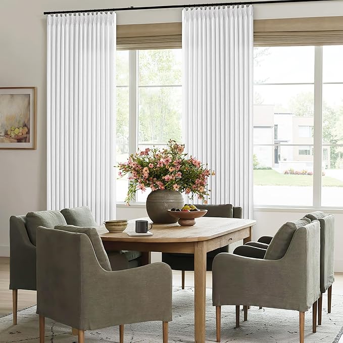 Snow White Pinch Pleat Linen Curtains 102 Inches Long 70 Inch Wide for Patio Sliding Door Light Filtering Semi Sheer Pleated Drapes Back Tab Extra Wide 70 x 102 Curtain for Living Dining Room