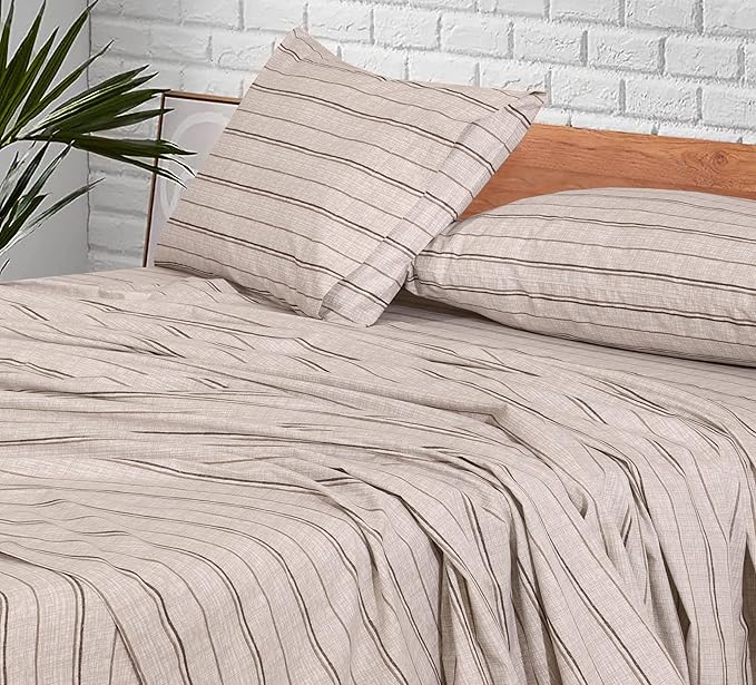RUVANTI 100% Cotton King Size Sheets Set, 4 Pieces, Soft & Breathable Percale Weave Bedding, Deep Pocket 16", Hotel Standard, Crisp Cool Feel, Durable, Perfect Striped Bed Sheet, Brown Stripes