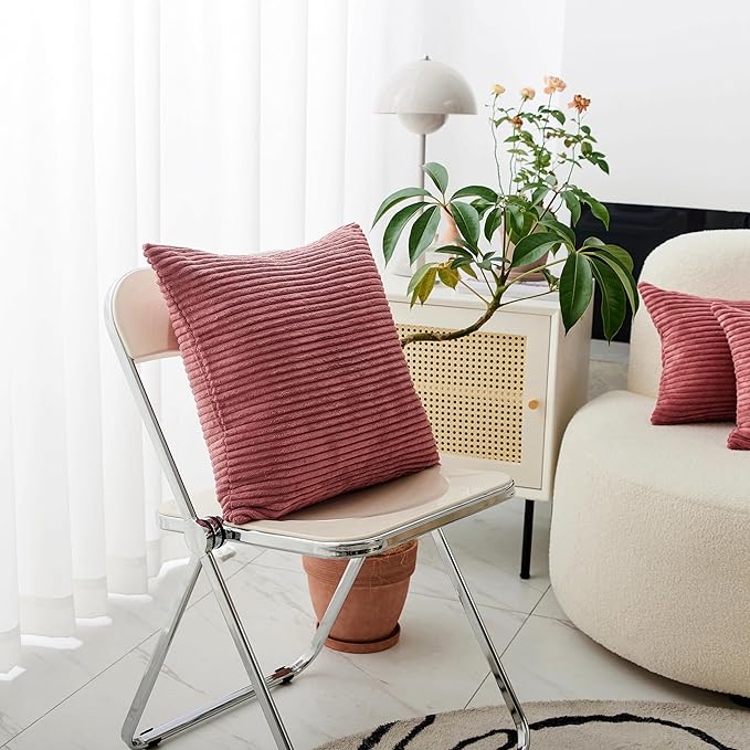 Home Brilliant 26x26 Pillow Covers Euro Shams Cover Large Solid Striped Corduroy Euro Throw Pillow Cushion Cover Sham for Patio, 26 x 26 inch, Dry Rose Pink