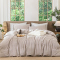 MooMee Gingham Duvet Cover Set 100% Washed Cotton Linen Like Textured Breathable Durable Soft Comfy Modern Checkered Design (Brown Gingham, Queen 90"x90")