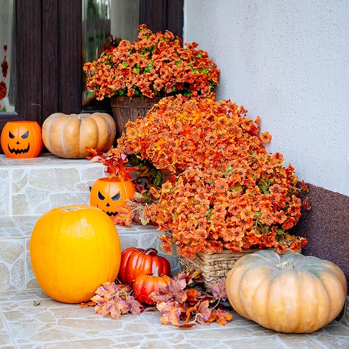 Artificial Fall Flowers Outdoor Fake Mums - 16 Bundles Fake Plants UV Resistant No Fade Faux Plastic Greenery Garden Porch Patio Fall Home Decor (Orangegreen)