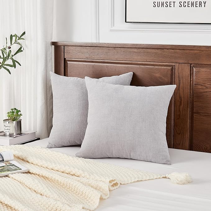 GAWAMAY Decorative Chenille Throw Pillow Covers 24x24 Inch Pack of 2, Soft Square Couch Pillow Cover for Sofa Cushion Living Room Bedroom Solid Dyed Pillowcases Light Grey 60x60cm (ONLY Covers)