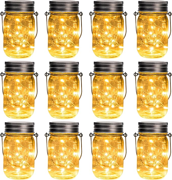 GIGALUMI Solar Mason Jar Lights, 12 Pack 30 Led String Fairy Lights Garden Lights Outdoor Waterproof Hanging Solar Lanterns for Outdoor, Garden, Patio, Lawn, Balcony Decoration