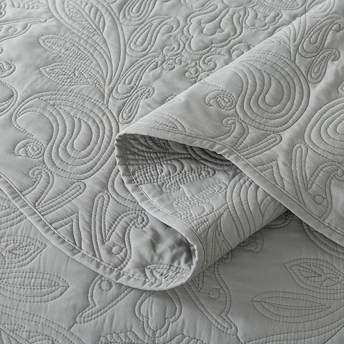 HoneiLife Quilt Set Queen Size - 3 Pieces Queen Quilt Bedding Set Microfiber Quilt Sets Lightweight Bedspreads Reversible Coverlets Retro Bed Cover Floral Bedding Set All Season Quilts-Light Grey