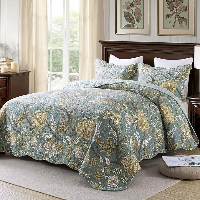 Travan 3-Piece Quilt Set Quilted Bedspread Cotton Coverlet Set Floral Printed Oversized Quilted Bedding Set with Shams for All Season, Green Vine, Queen Size