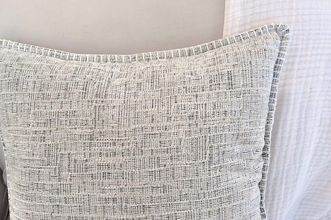 16x16 Pillow Covers Cream White & Black Set of 2, Decor Pillow Covers Square, Textured Soft Chenille Deco Cushion Covers with Trim Edge, Decorative Modern Pillows Cases for Couch Living Room Sofa