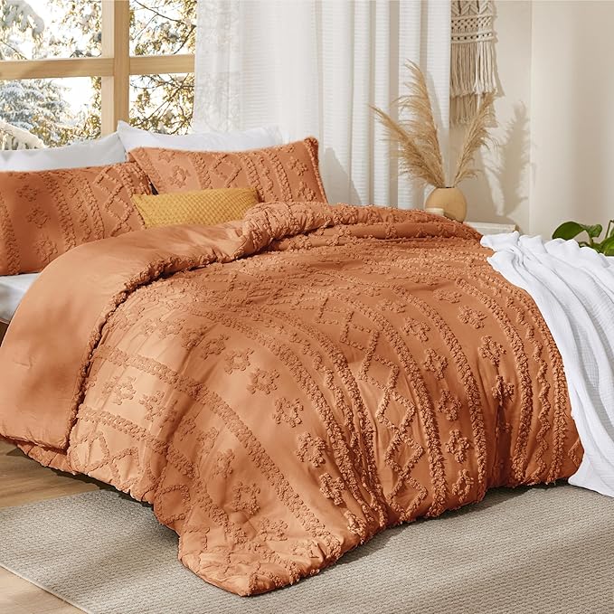Bedsure Tufted Boho Comforter Set King Size - Pumpkin Boho Bed Set, GentleSoft™ 3 Pieces Farmhouse Shabby Chic Embroidery Bedding, Gifts for Woman, Soft Jacquard King Comforter for All Seasons