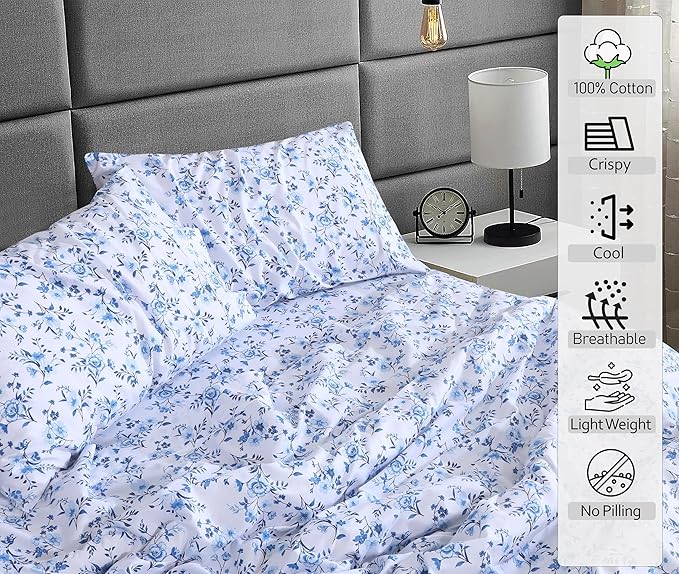 RUVANTI 100% Cotton King Size Sheets Set, 4 Pieces, Soft & Breathable Percale Weave Bedding, Deep Pocket 16", Hotel Standard, Crisp Cool Feel, Durable, Perfect Floral Bed Sheet, Annual