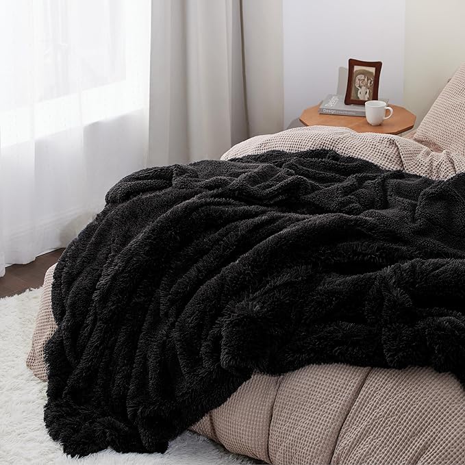 Bedsure GentleSoft Fuzzy Sherpa Faux Fur Twin Blanket Black Cozy Gifts for Women Men, Soft Fleece Plush Warm Minky Thick Blanket Twin Size for Bed, Couch, Dorm Essentials Black Decor Gifts, 60x80