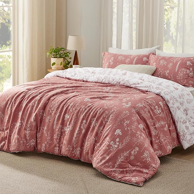 Bedsure Queen Comforter Set - Grayish Pink Bed Set, 3 Pieces Cute Floral Bedding, 1 Soft Reversible Botanical Flowers Comforter and 2 Pillow Shams