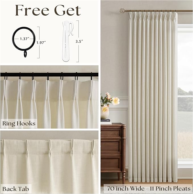 Extra Wide Pinch Pleat Curtains 84 Inches Long for Patio Sliding Glass Door Beige Oatmeal Linen 70 Inch Wide Curtain Memory Trained Pleated Drapes Hooks Rings 70x84 Curtain for Large Window 1 Panel