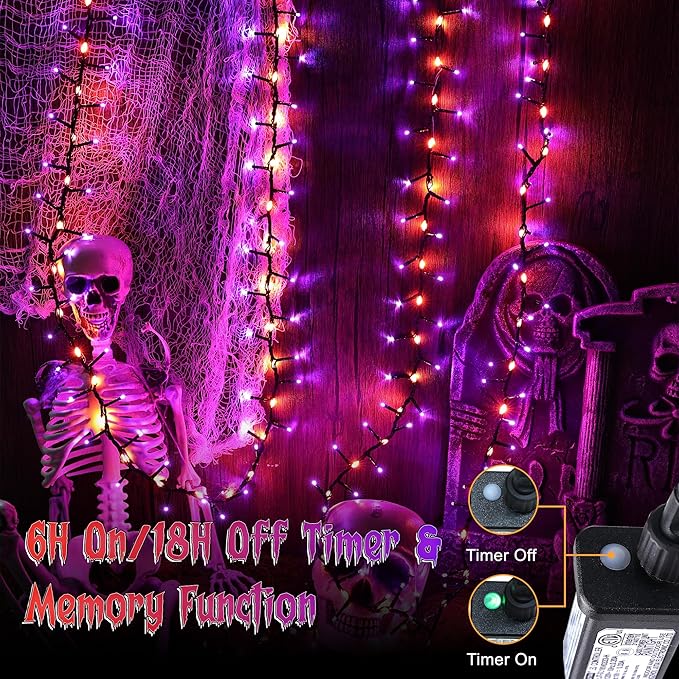 Brizled Outdoor Halloween Lights, 372 LED 17 Modes Orange & Purple Halloween Cluster Lights with Timer, 19.6FT Waterproof Spooky Light Plug in, Orange Purple Light Black Wire for Indoor Outdoor Decor