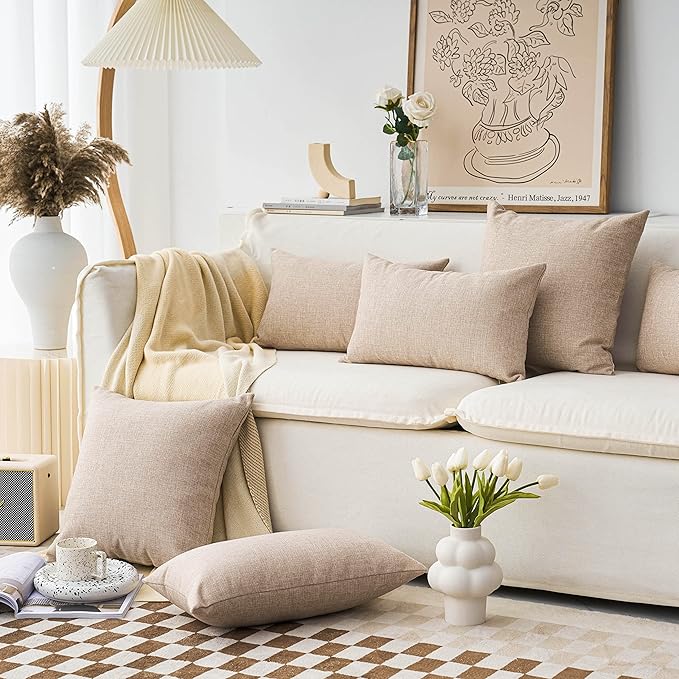 Home Brilliant Set of 2 Burlap Solid Linen European Throw Pillow Shams Cushion Covers for Bed Beige Decorations, 24x24 inches 60cm, Light Linen