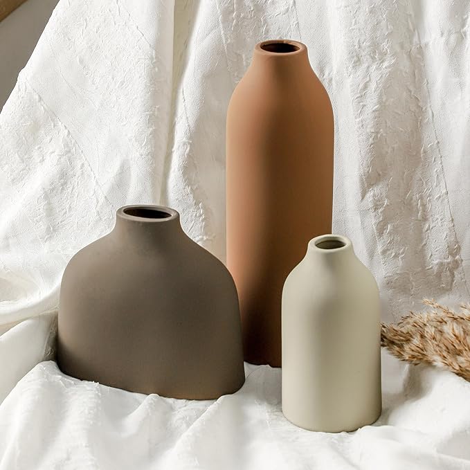 Ceramic Vase Set of 3,Flower Vase Home Decor,Rustic Modern Farmhouse Decor Pottery Vases, Pampas Grass Dried Fresh Flowers,Bedroom,Living Room,Bookshelf Decoration, Centerpiece Table Decor,Boho Decor.