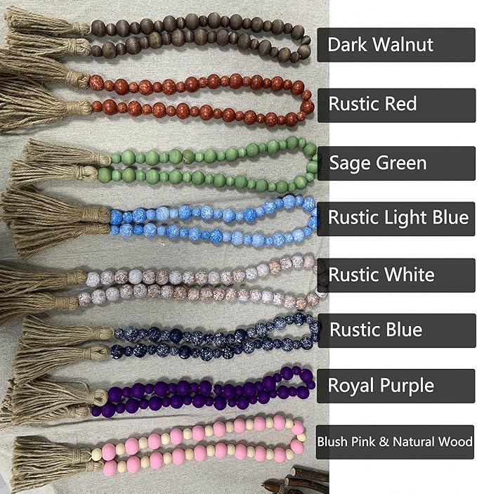 Handcrafted Farmhouse Wooden Decorative Beads Garland, Table Tray Boho Wood Beads with Tassel, Small Rustic Antique Decor for Home and Events (Sage Green)