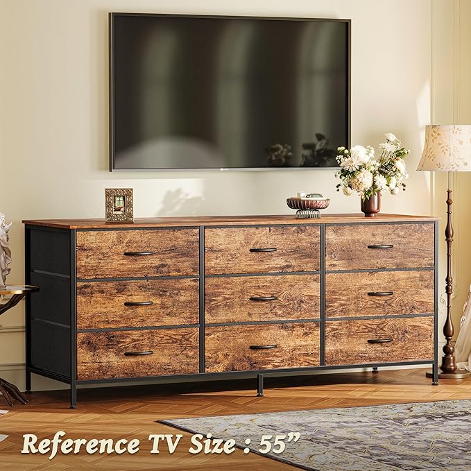 Huuger 9 Drawer Dresser, 55 Inch TV Stand for 55, 60 Inch TV, Entertainment Center with Drawers, Large Storage Fabric Dresser for Bedroom, Closet, Rustic Brown