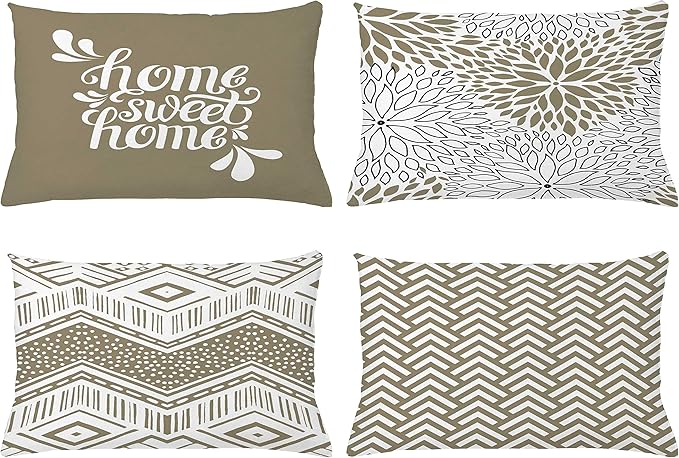 Ambesonne Geometric Throw Pillow CushiCase Pack 4, Home Phrase Minimal Zigzag Squama Dahlia Flowers ChevrTribal, Modern Accent Double-Sided Digital Printing, 20" x 12", Cocoa White Charcoal Grey