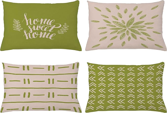 Ambesonne Modern Throw Pillow CushiCase Pack 4, Scandinavian Minimal Ornaments Boho Feather Leaves Home Phrase, Modern Accent Double-Sided Digital Printing, 20" x 12", Pale Tan and Pistachio Green