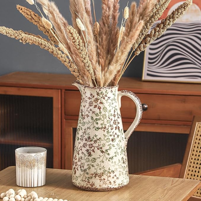 Enra Pitcher vase with Handle,12.2 in Ceramic Vintage Chinoiserie Floral Vase,Green and Beige Decorative Flower vase,Large Rustic Vases for Home Decors, Living Room, Bookshelf, Office
