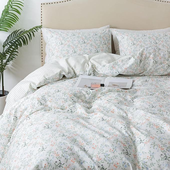 HoneiLife Botanical Duvet Cover Queen - 100% Cotton Comforter Cover Sets, Floral Duvet Cover Sets,Wildflower Bedlinen Set for Queen Beds