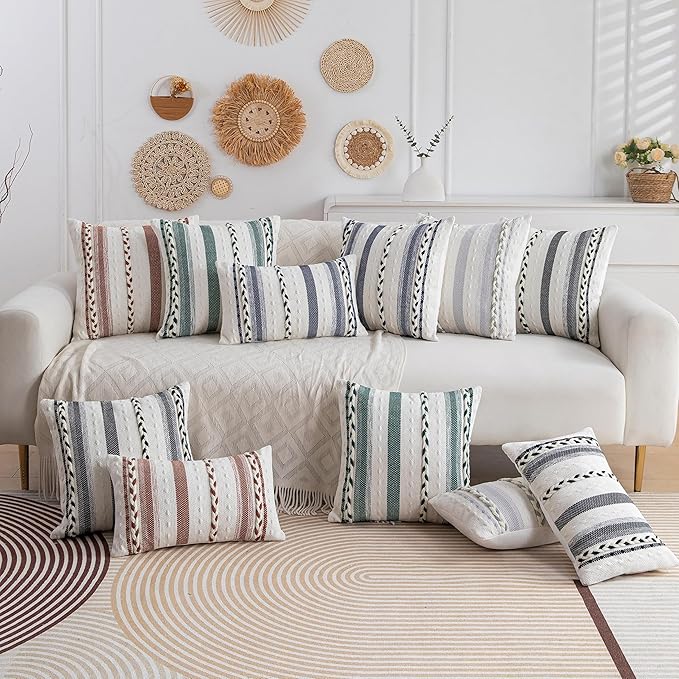 Decorative 2 Packs Boho Burnt Orange Striped Lumbar Pillow Covers 12x20 Inch Coastal Accent Long Throw Pillows, Neutral Farmhouse Textured Throw Pillowcase for Couch Bedroom Living Room Chair