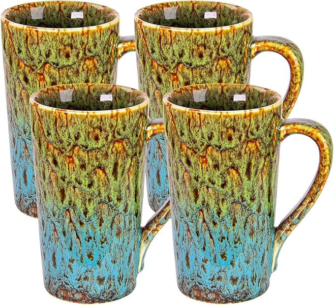 20oz Porcelain Coffee Mugs Set of 4, Large Tall Coffee Mugs with Handles, Modern Ceramic Coffee Cups for Coffee, Tea, Cocoa, Milk, Gifts for Women Men - Green & Blue