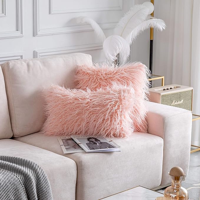 Home Brilliant 12x20 Pillow Cover Rectangular Faux Fur Fuzzy Accent Pillows Case for Couch Decor, 30cmx50cm, 2 pcs, Pink