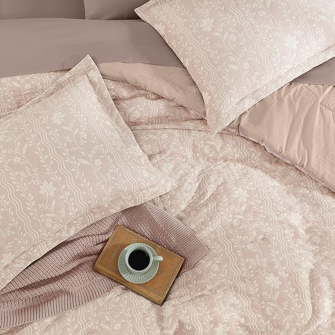 Full Comforter Set -7 Pieces Botanical Almond Pink Comforter Set for All Seasons, Bed in a Bag Full with Flowers Floral Comforter, Sheets, Pillowcases & Shams