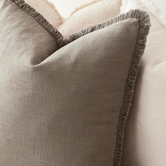 Foindtower Set of 2 Decorative Linen Fringe Throw Pillow Covers Boho Farmhouse Cushion Cover with Tassels Soft Accent Pillowcase for Couch Chair Sofa Bed Living Room Home Decor,24×24 Inch,Brown Tan