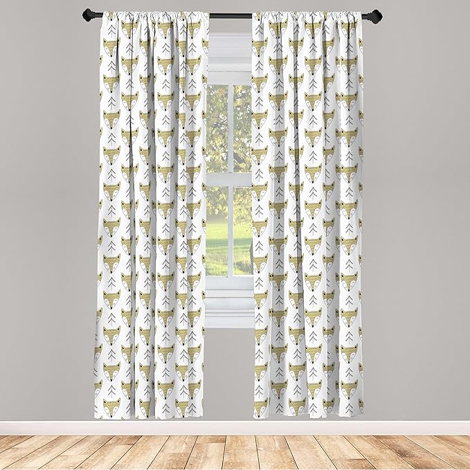 Ambesonne Cartoon Window Curtains, Doodle Style Forest Animals Hand Drawn Sleeping Fox Portraits and Trees, Lightweight Decor 2-Panel Set with Rod Pocket, Pair of - 28" x 63", White Beige