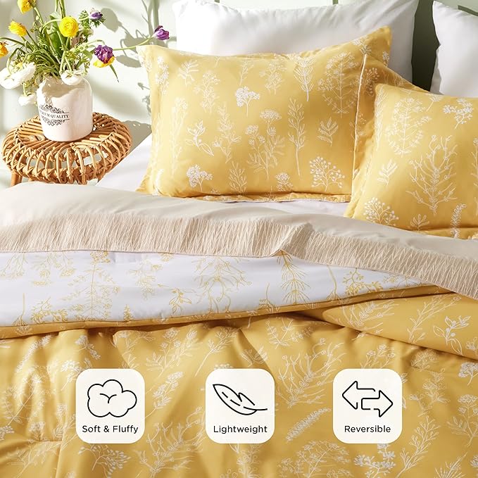 Bedsure Full Comforter Set - Yellow Bed Set, 3 Pieces Cute Floral Bedding, 1 Soft Reversible Botanical Flowers Comforter and 2 Pillow Shams