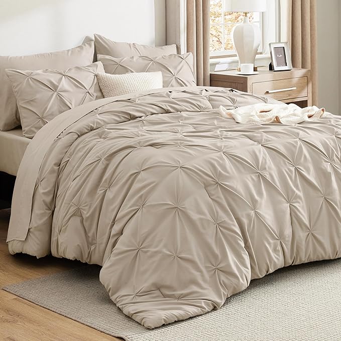Bedsure Queen Comforter Set Beige - Bed in a Bag Queen Size Bedding 7 Pieces, GentleSoft™ Pintuck Bed Set Gift for Family, Pinch Pleat All Season Comforter with Sheets, Pillowcases & Shams
