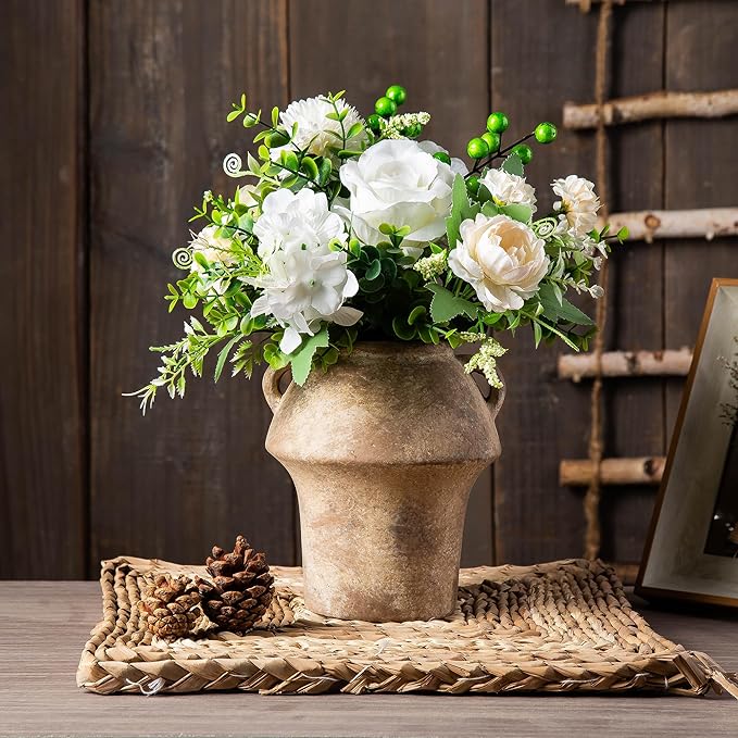 Christmas Decorative Vase, Ceramic Rustic Flower Vases, 7 Inch Terracotta Vintage Vases with Hadle for Home Decor, Farmhouse Living Room Shelf Decor Farmhouse Table, Lyeec