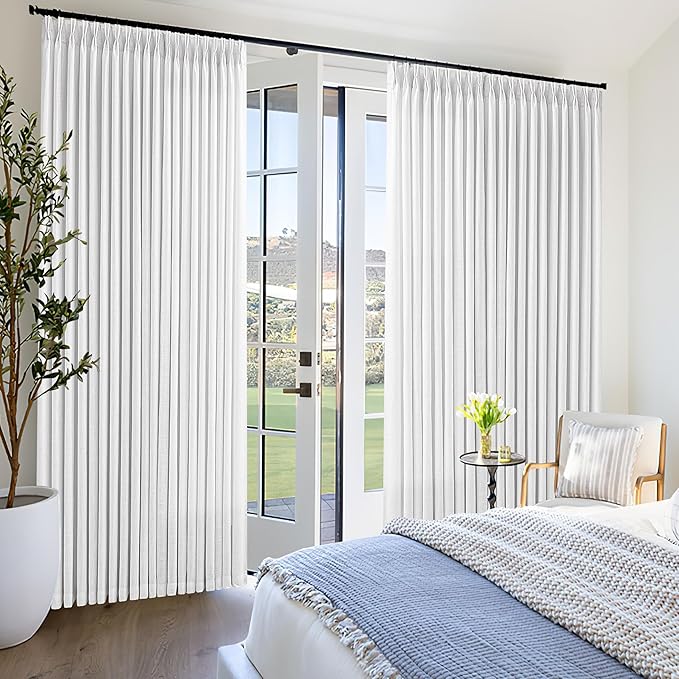 Snow White Pinch Pleat Linen Curtains 102 Inches Long 70 Inch Wide for Patio Sliding Door Light Filtering Semi Sheer Pleated Drapes Back Tab Extra Wide 70 x 102 Curtain for Living Dining Room