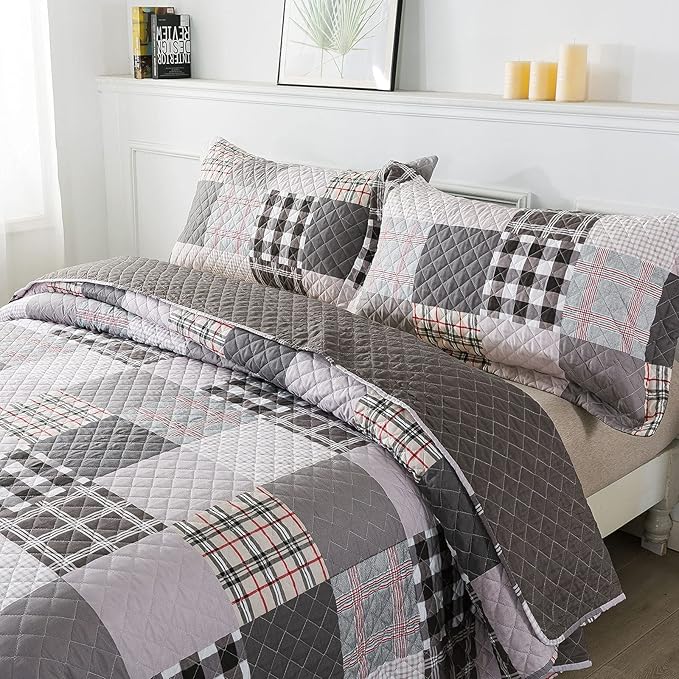 Travan Quilt Set 3-Piece Oversized Quilted Bedspread Coverlet Set Grey European British Grid Patchwork Bedding Set, Queen Size