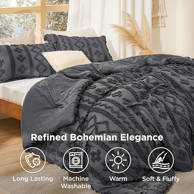 Bedsure Tufted Boho Comforter Set King Size - Dark Grey Boho Bed Set, GentleSoft™ 3 Pieces Farmhouse Shabby Chic Embroidery Bedding, Gifts for Woman, Soft Jacquard King Comforter for All Seasons