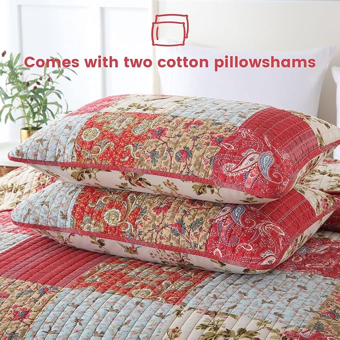 Secgo King Size Comforter Set- 100% Cotton Quilt King Size Set, Green, Sage bedspreads (96 * 108 Inch) with 2 Pillow Shams, Patchwork Reversible Lightweight Bedding