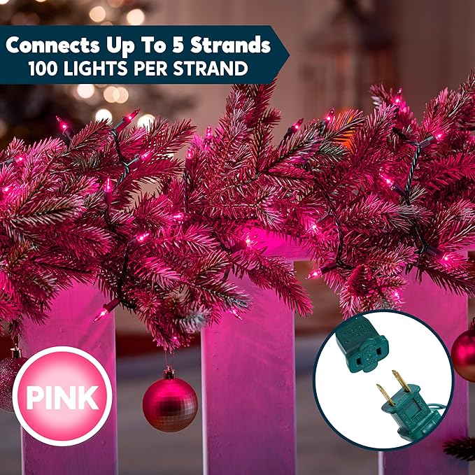 Joiedomi Pink Christmas String Lights,100 Count 21.4FT Fairy Tree Lights Plug in for Indoor Outdoor Xmas Valentines Decor Patio Holiday Theme Party Yard House,Green Wire