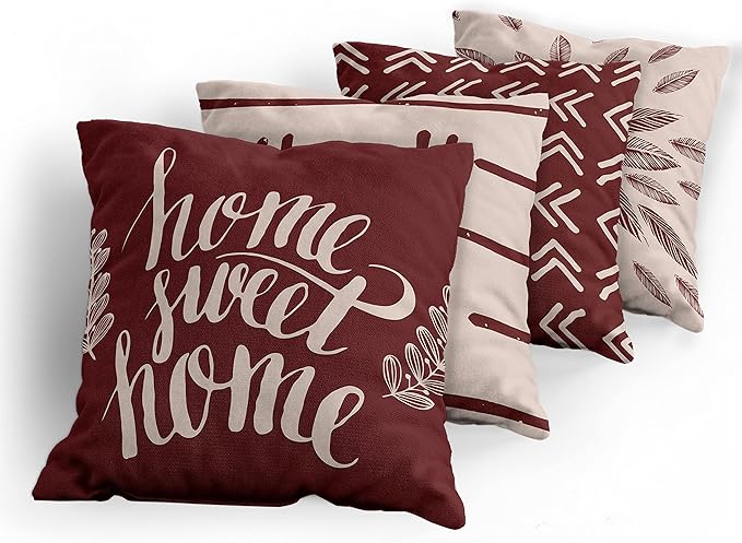 Ambesonne Modern Throw Pillow Cushion Case Pack of 4, Scandinavian Minimal Ornaments Boho Feather Leaves and Home Phrase Print, Modern Accent Double-Sided Digital Printing, 18", Pale Tan and Burgundy
