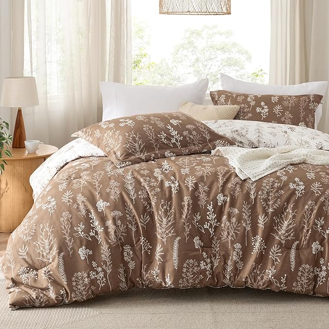 Bedsure Twin/Twin XL Comforter Set - Brown Bed Set, 2 Pieces Cute Floral Bedding, 1 Soft Reversible Botanical Flowers Comforter and 1 Pillow Shams